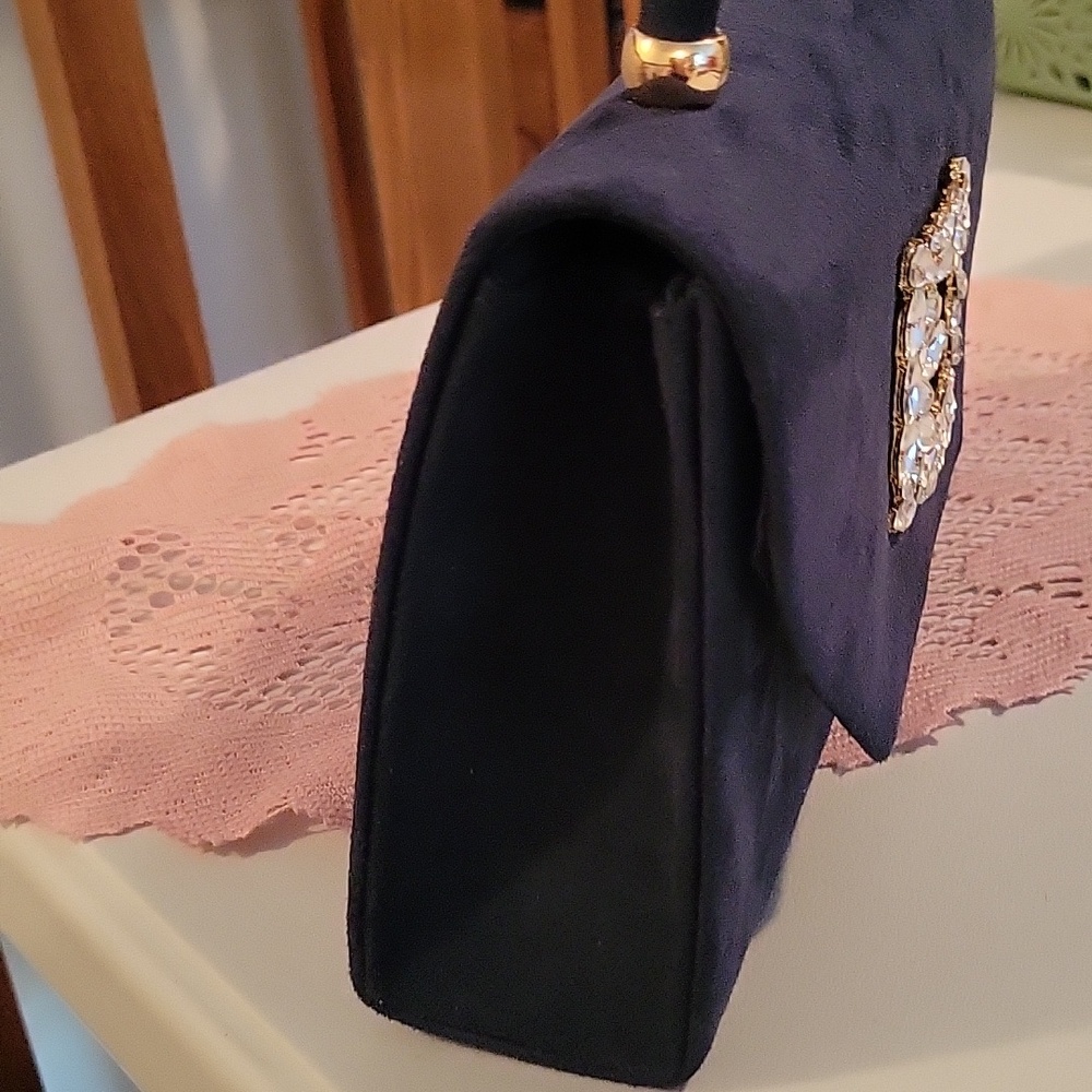 Navy Blue Velvet Rhinestone Evening Bag - Picture 7 of 7